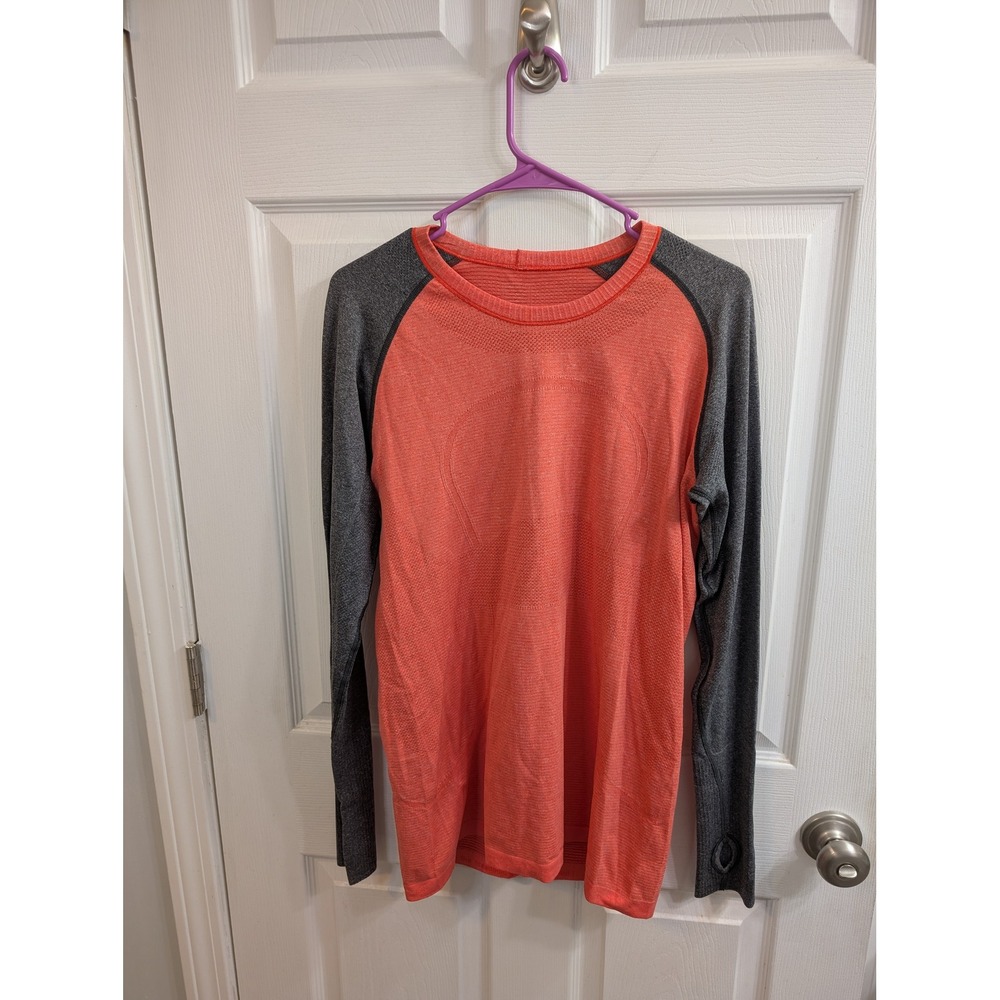 Lululemon Swiftly Tech Long Sleeve Women Coral Grey Thumbholes - Size 12‎